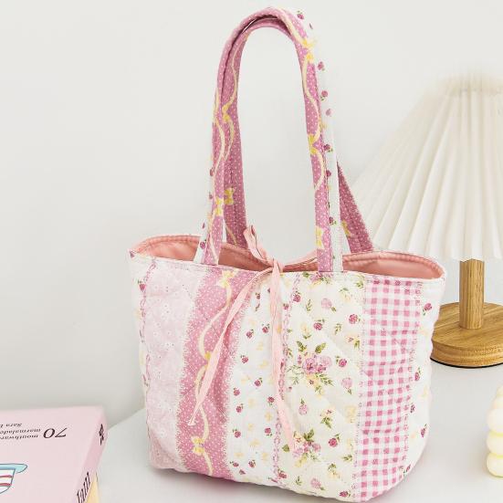 Quilted Tote Bag for Women Girls Lightweight Small Floral Shoulder Bag Soft Puffy Travel Work Handbag with Bow