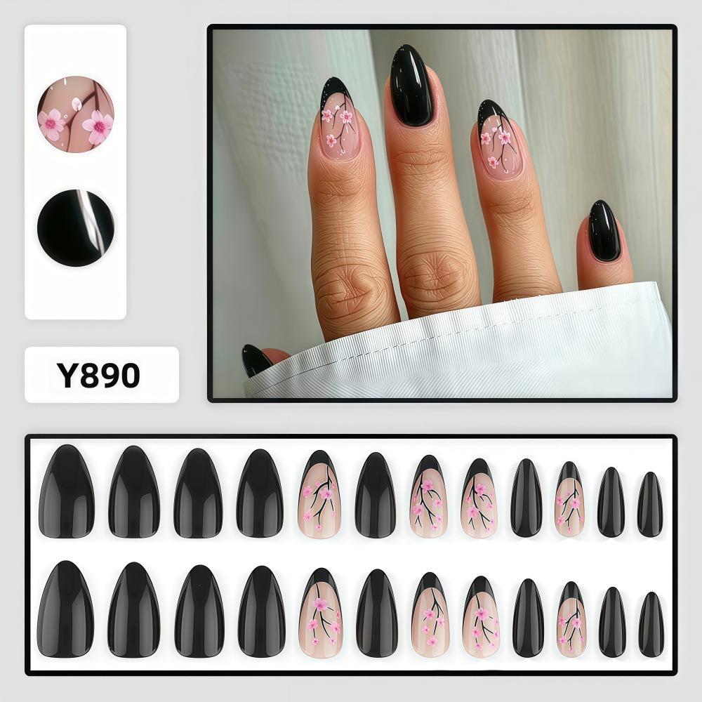 Elegant Black Glossy French Peach Blossom Fake Nails - 24-Piece High-End European and American Style Nail Art Set