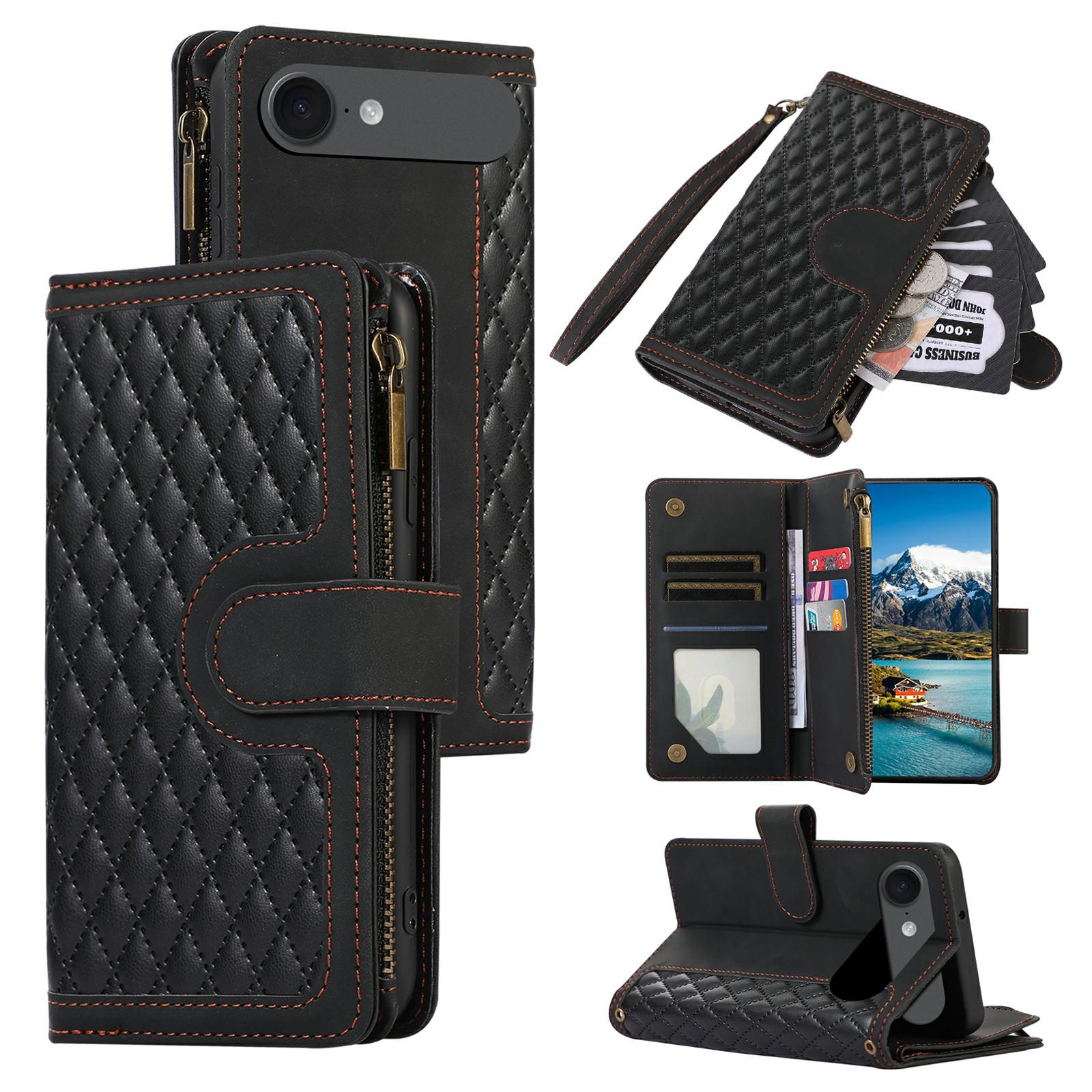 

For iPhone 17 Air Case 9 Card Slots Rhombus Design Leather Phone Cover with Wrist Strap Black