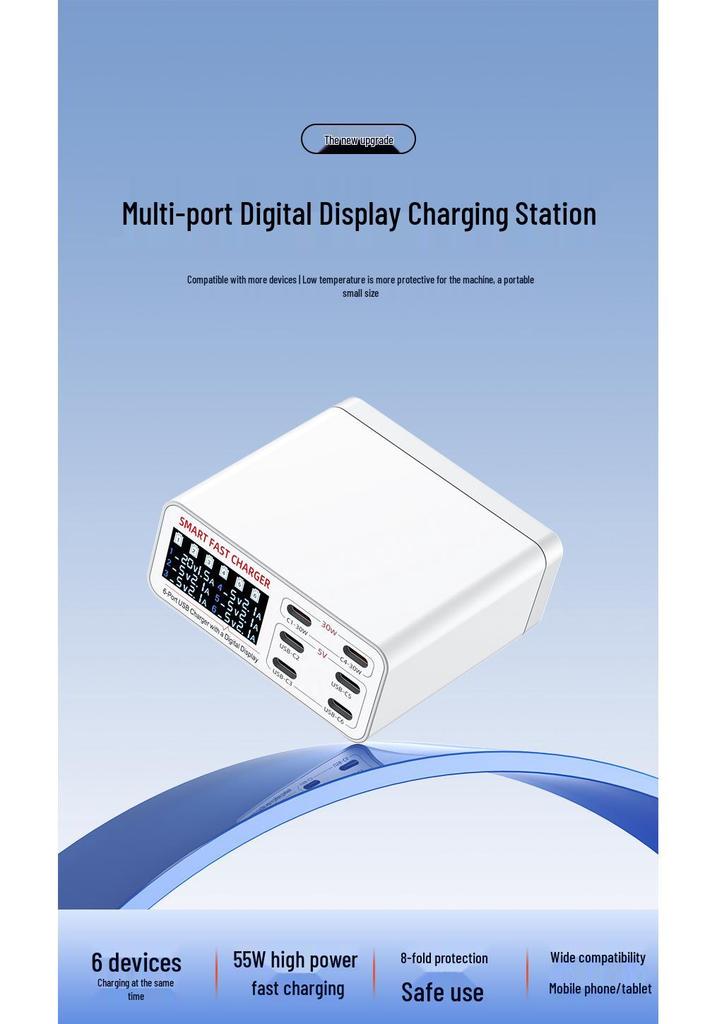 55W USB-C Multi-Port Charger - 6 Ports for Fast Charging Mobile Devices, Tablets, Laptops