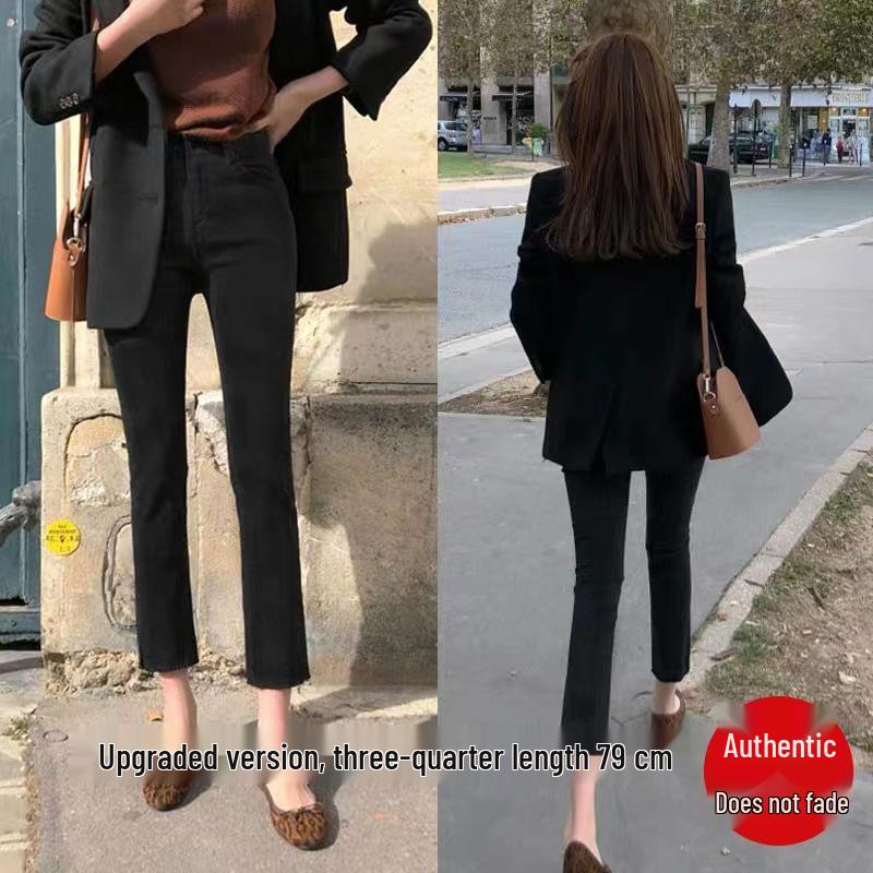 

Women s Versatile High-Waisted Black Fleece-Lined Straight-Leg Denim Jeans, Slimming, 7/8 Length, Petite Cigarette Style for Spring/Winter. Size 29