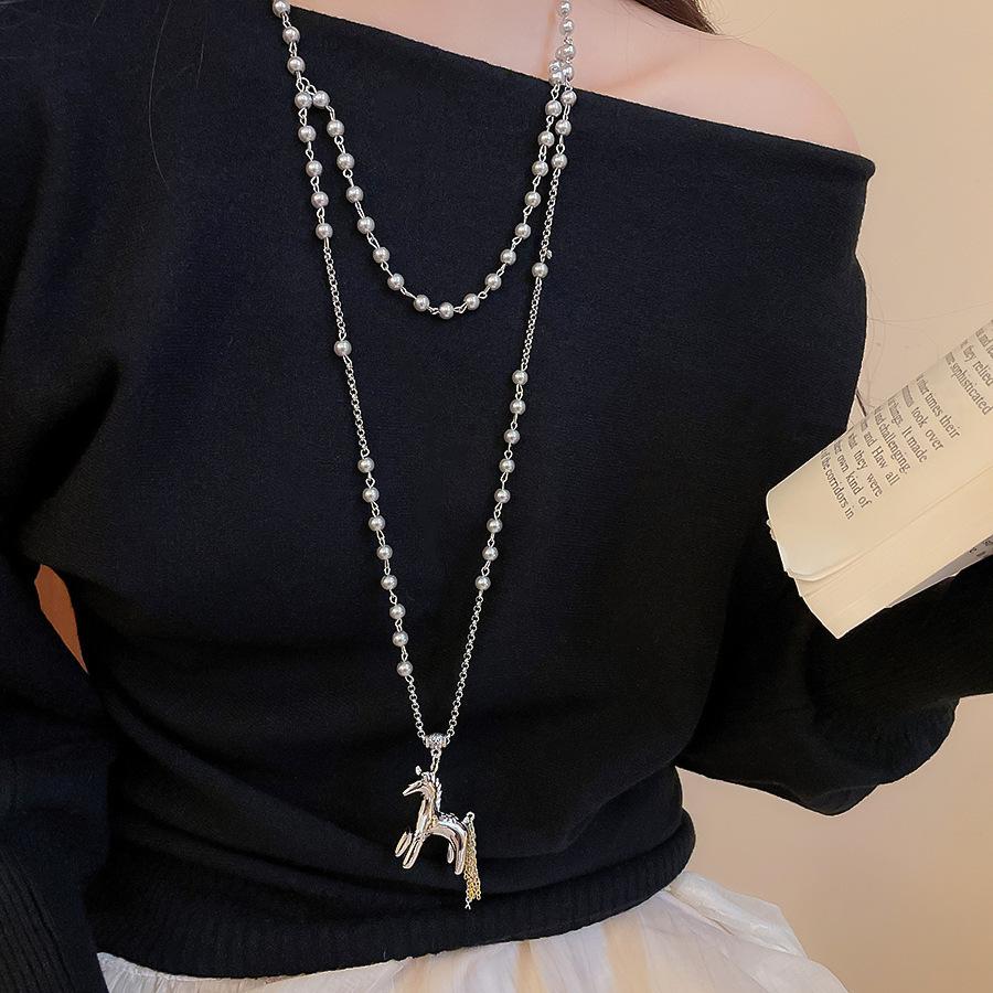French simple zircon natal year pony pendant necklace accessories women's sweater chain necklace