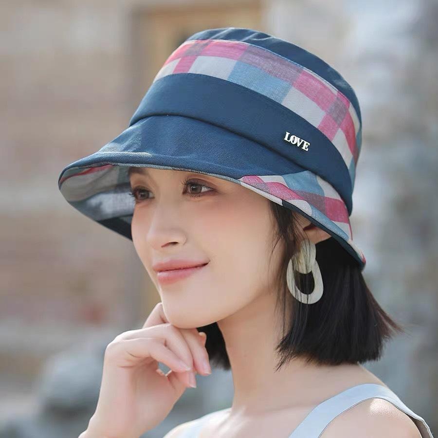 Hat Female Spring Summer Plaid Elegant Basin Hat Mother Temperament Breathable Bucket Hat Sun Protection Travel Sun Hat M（56-58cm）