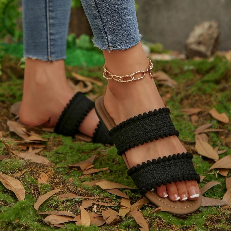 New Women Sandals Ladies Flat Roma Heels Knitted Summer Sandals Outside Cross Tied Leather Female Slides Woman Sandals