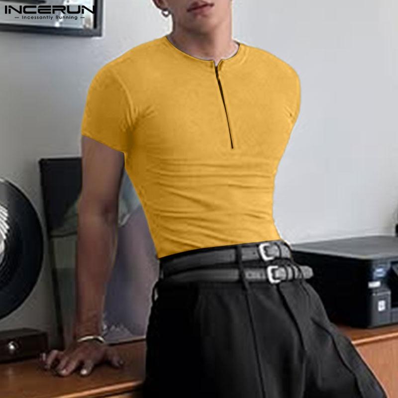 INCERUN Men Round Neck Short Sleeve Rib Fitted Casual T-shirts Tops Undershirts