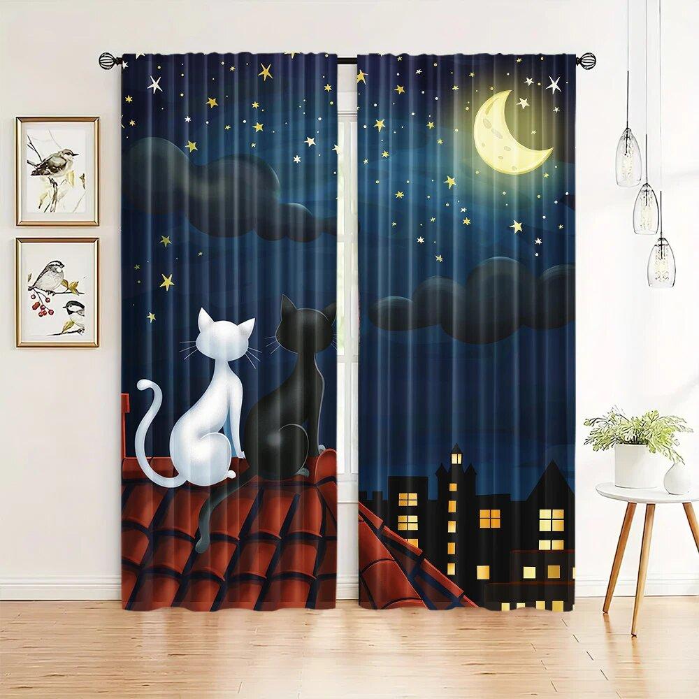 

2 pieces of cat and full moon and star printed curtains on the roof pole bag curtains home decoration room decoration 100*130 HOOK 1pcs