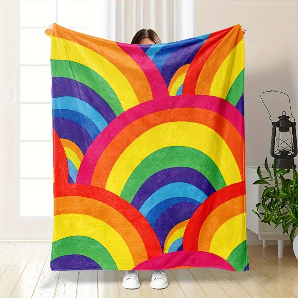 Retro Rainbow Striped Throw Blanket - Vibrant Color Block Modern Art Cozy Soft Accent for Bed Couch Living Room Decor