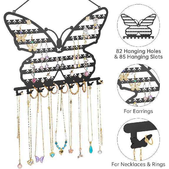 NiHome Butterfly Wall Mounted Jewelry Organizer, Decorative Metal Earring and Necklace Holder for Bedroom, Vanity, or Closet, Stylish Organizer with