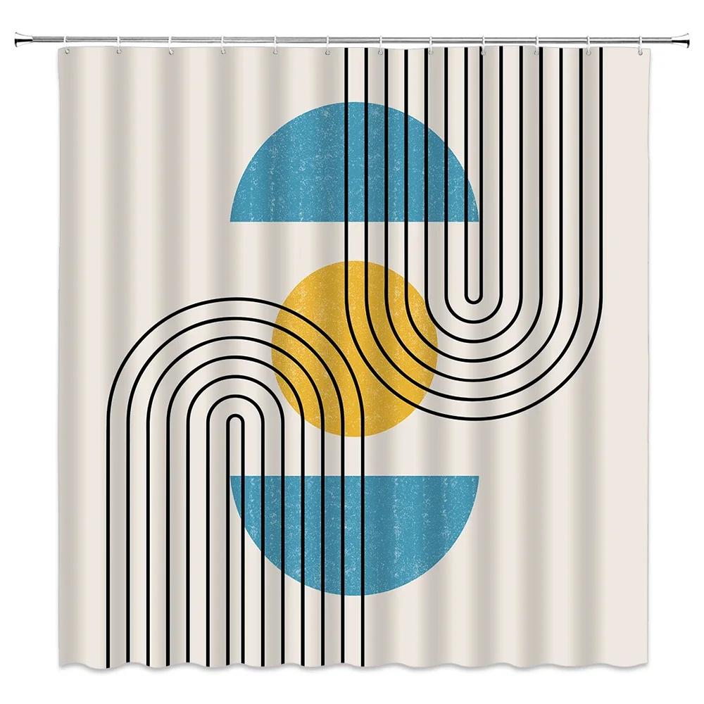 Blue Tone Shower Curtain, Mid Century Modern Lines Round Ribbed Animal Cat Tree Branch Bathroom Decorative Shower Curtains