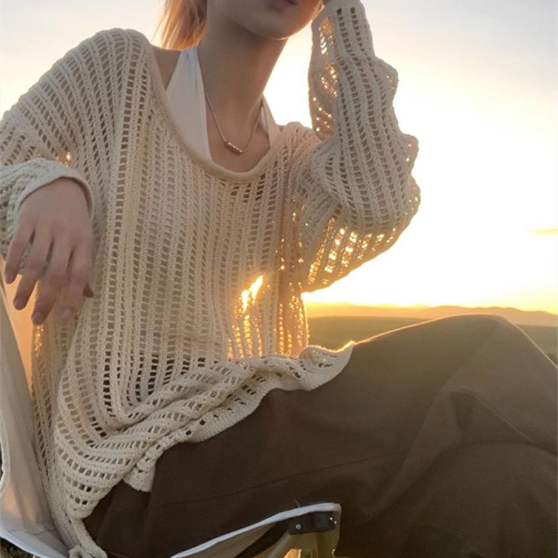 Fashion Loose Long Sleeve Hollow Out Knitted Sweater Women Casual Outer Blouse Thin Hollow Spring Summer Covers Up Long Air-conditioning Shirt Top