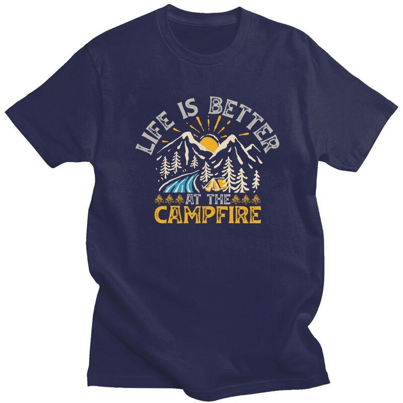 Custom Life Is Better Campfire Mountain Camping T Shirt for Men Pure Cotton Tshirt Fashion Tees Tshirt Loose Fit Clothing Gift