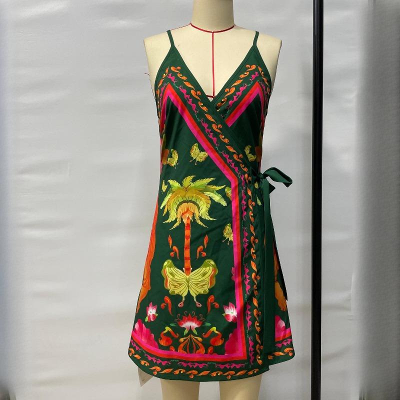 Vestido Sexy de Tirantes sin Mangas con Estampado Tropical de Verano para Mujer Vestidos Casuales Elegantes con Cordones de Cintura Alta Moda Mujer Vintage Ajustado Vestido Corto 25912