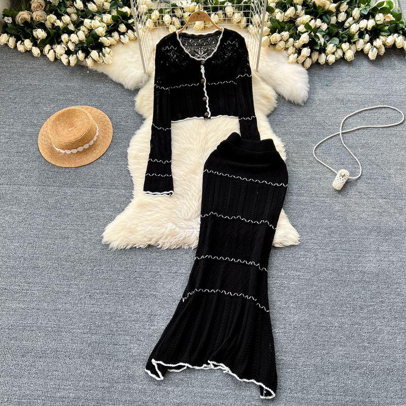 French Style Gentle Fancy Cut Out Knitting Cardigan Outwear + Silm Sheath Fishtail Skirt Two-piece Set