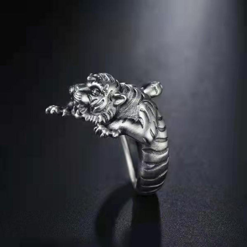 Adjustable Vintage Tiger Ring Men Women Copper Silver-Plated Open Band Zodiac Animal Jewelry