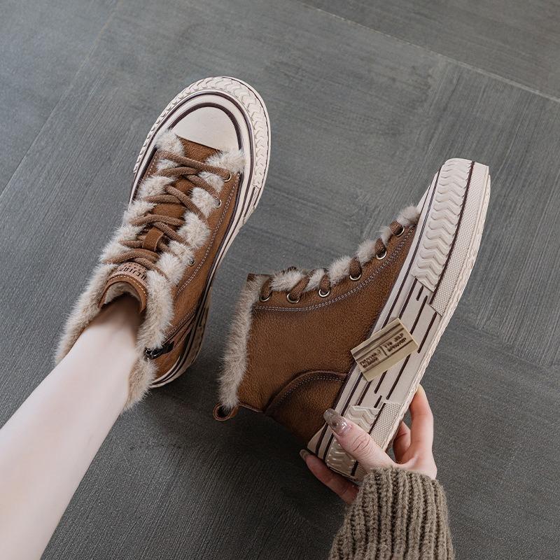 The first layer of cowhide high-top board shoes, winter new warm and velvet versatile casual fashion leather women's boots