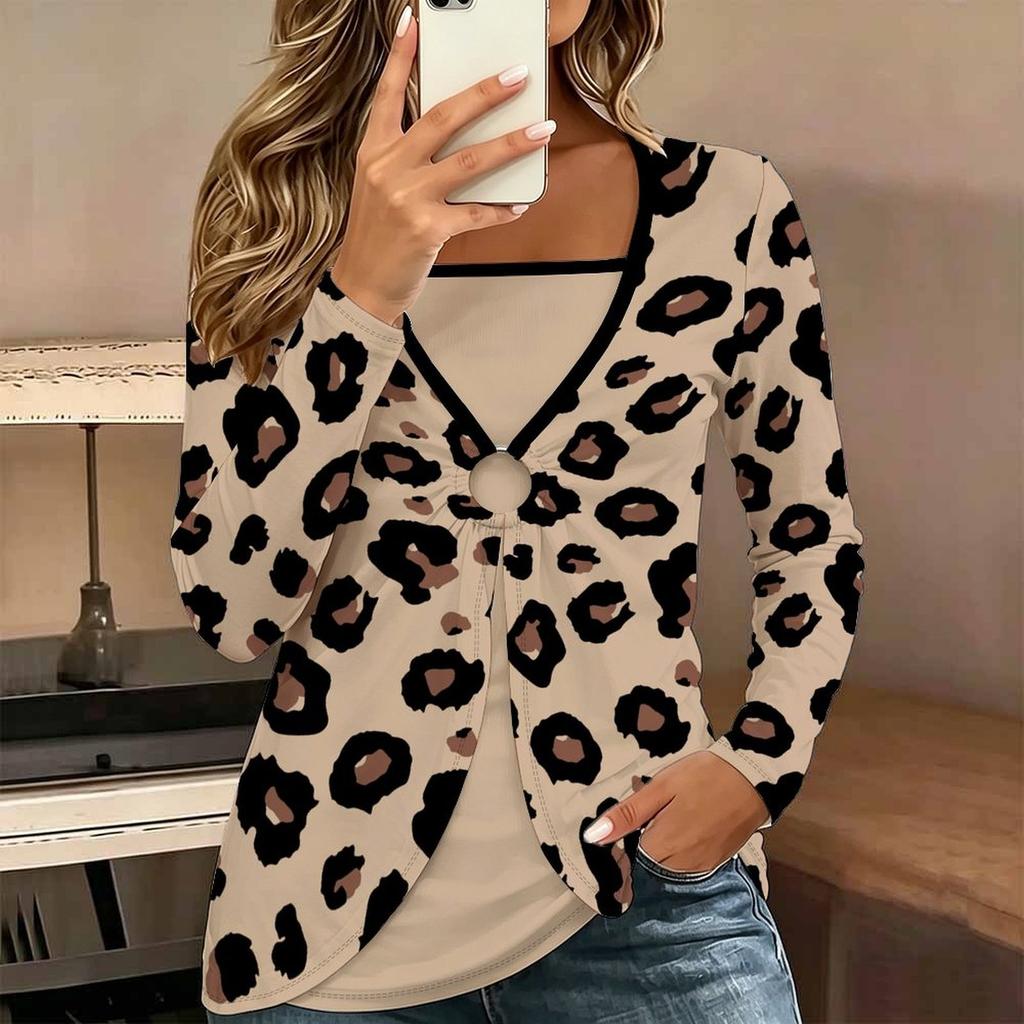 Tops for Women Leopard Print Long Sleeve Fake Two‑Piece Top Fall Casual Slim Pullover Women's Long Sleeve Top