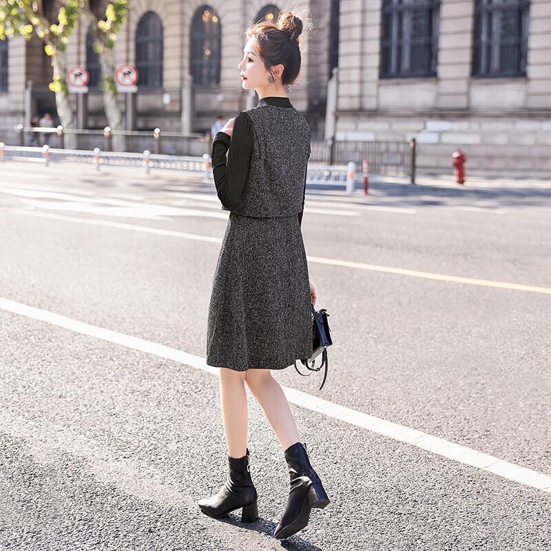 Sibaishe Women's Autumn Fake Two-Piece Midi Dress