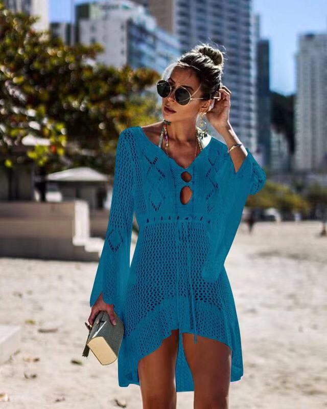 Hollowed-Out Knit Bikini Women Crochet Knitted Cover Up Dress Beach Tunic Long Bikini Cover Bathing Suit Beachwear