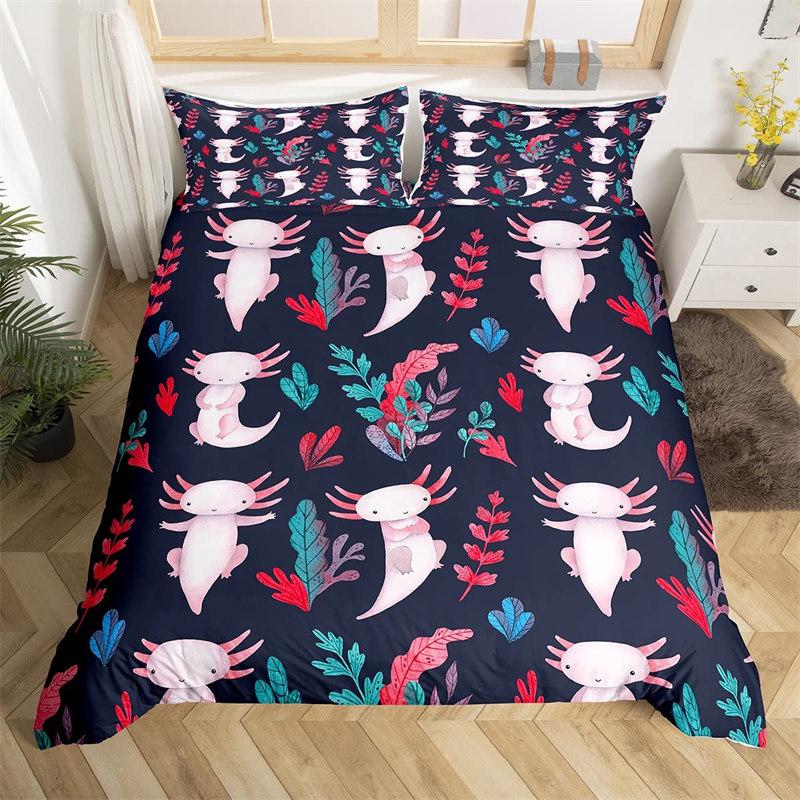 Cartoon Axolotl Duvet Cover Full For Kids Boys Girls Toddlers Kawaii Axolotl Bedding Collection Cute Sea Weed Coastal Comforter Cover