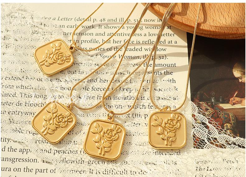 French Retro Rose Pendant Necklace - Gold Plated Stainless Steel Square Design with Clavicle Chain