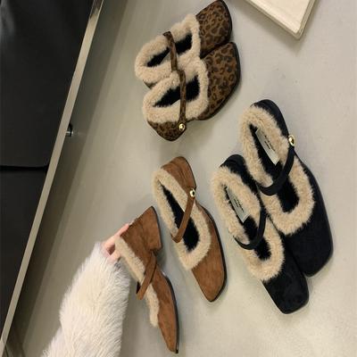 Thick-heeled Bag-headed Shoes for Women's 2025 Autumn and Winter New French Retro Square-headed Leopard Print Plush Mary Jane Mao Shoes