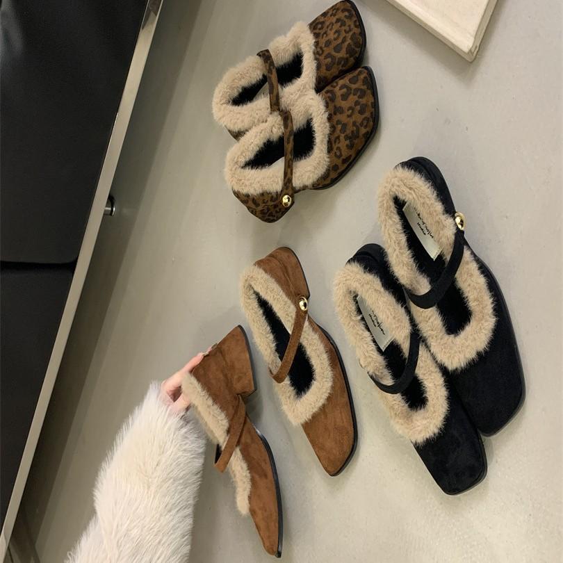 Thick-heeled Bag-headed Shoes for Women's 2025 Autumn and Winter New French Retro Square-headed Leopard Print Plush Mary Jane Mao Shoes