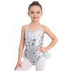 Kids Girls Dance Performance Costume Sleeveless Side Invisible Zipper Back Mesh Patchwork Feather Glittery Sequin Leotard