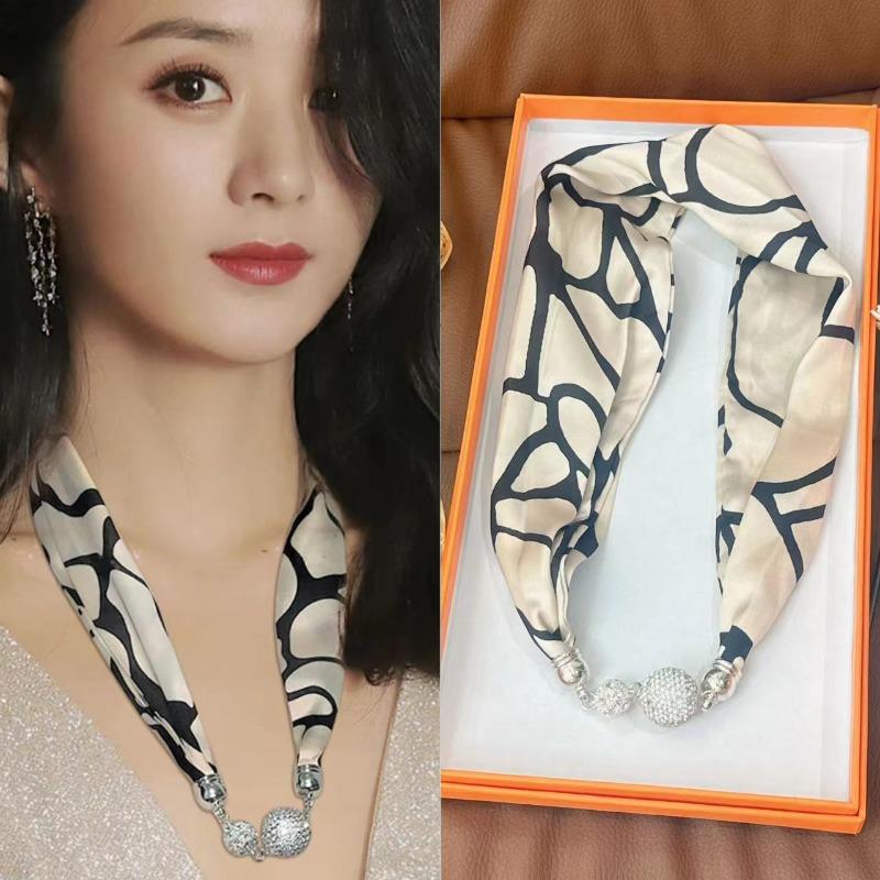 Silk scarf women's spring, autumn and summer new fashion neck protection decoration long necklace type magnetic buckle scarf small scarf