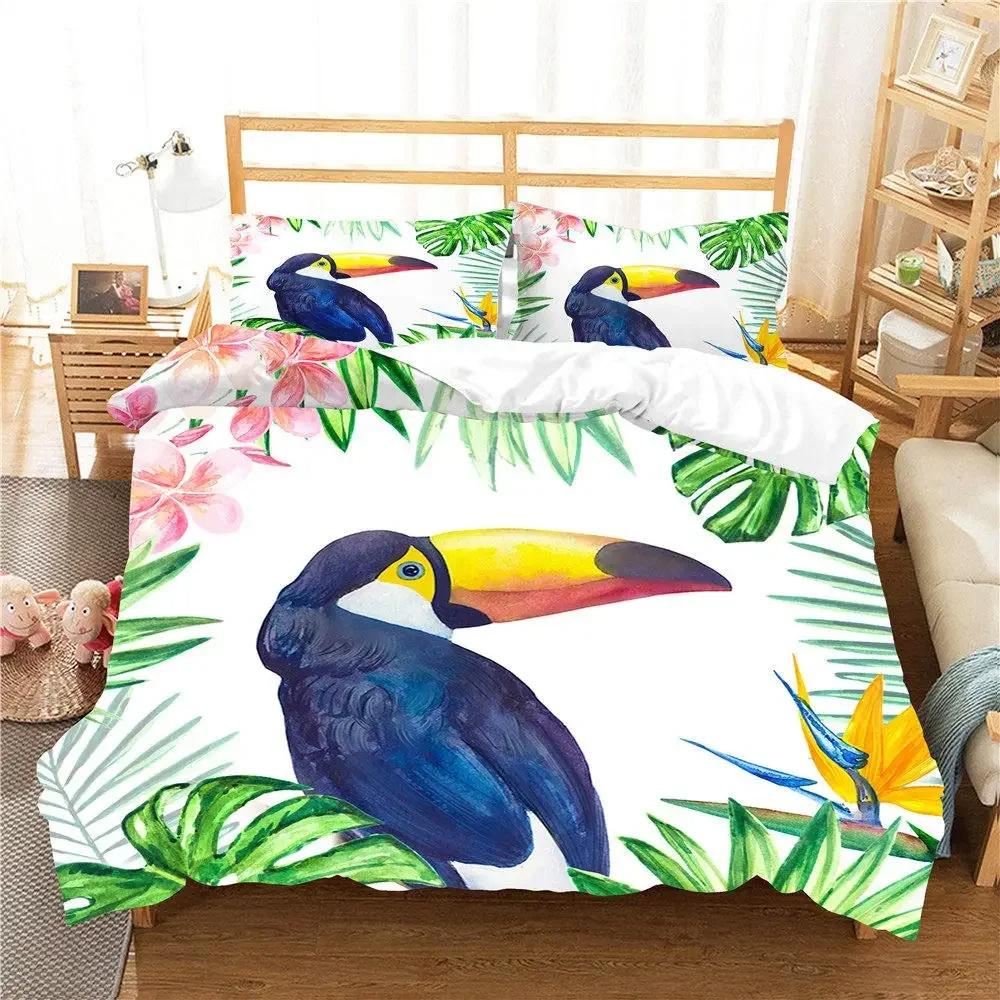 Toucan Bedding Set Palm Leaves Duvet Cover Twin For Boys Girls Tropical Jungle Birds Comforter Cover Botanical Bedspread Cover