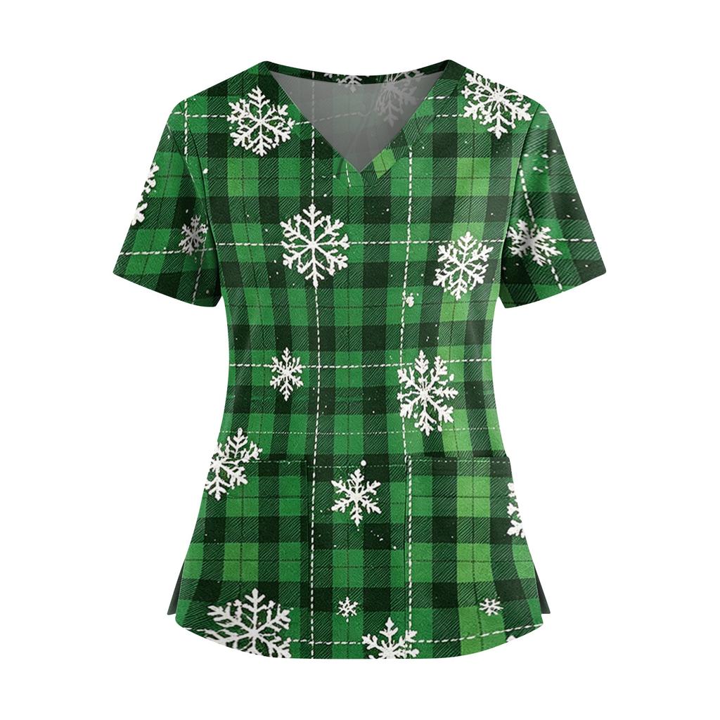 Damen Weihnachtliches V-Ausschnitt Kurzarm Kasack mit Doppeltaschen und Seitenschlitzen Pflegekraft Uniform