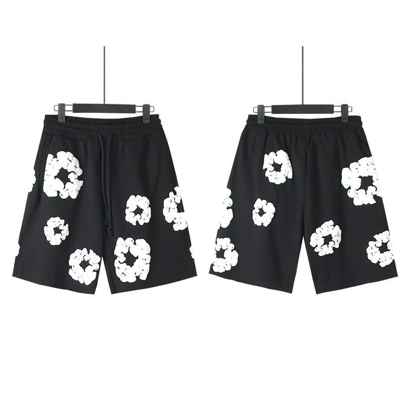 Men Women Streetwear Oversized Denim Shorts With Cotton Puff Floral Print Loose Fit Short Pants
