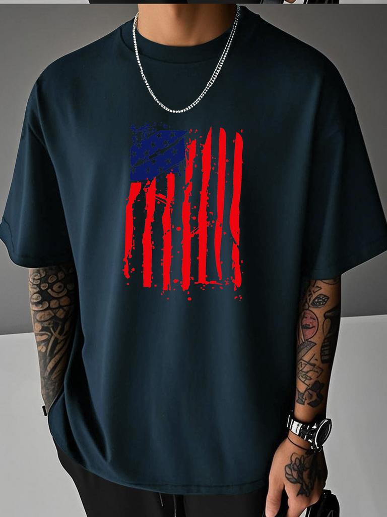 Unisex Summer White Short Sleeve Tee Vintage Distressed Usa American Flag Graphic Print Crew Neck Loose Streetwear Male Casual Tops