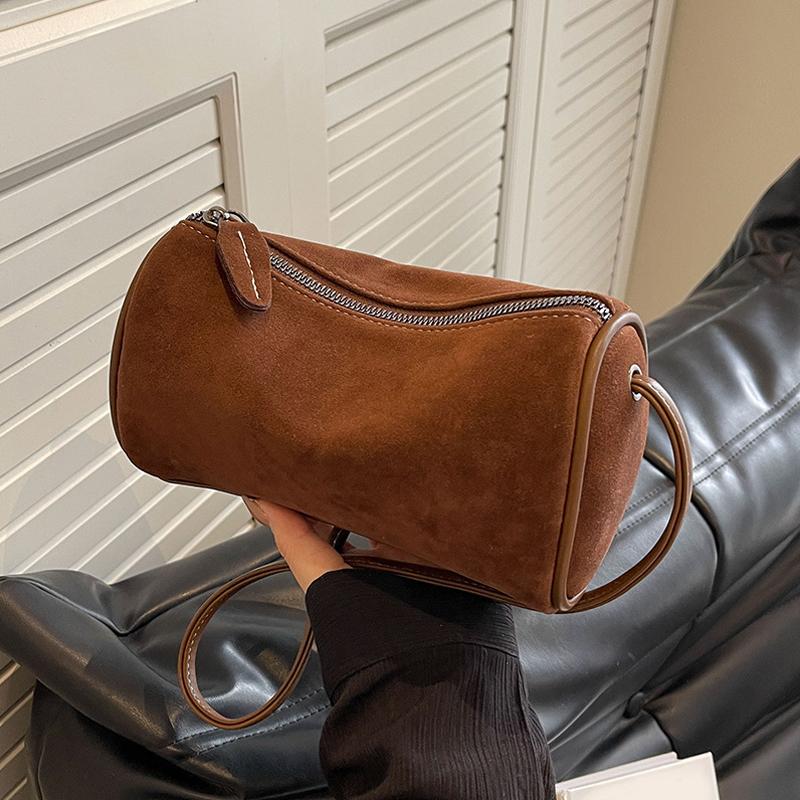 

Модная замшевая цилиндрическая сумка для женщин, осенняя, новая, универсальная, матовая, текстурированная, сумка через плечо, простая, элегантная, сумка через плечо 20x8x11cm