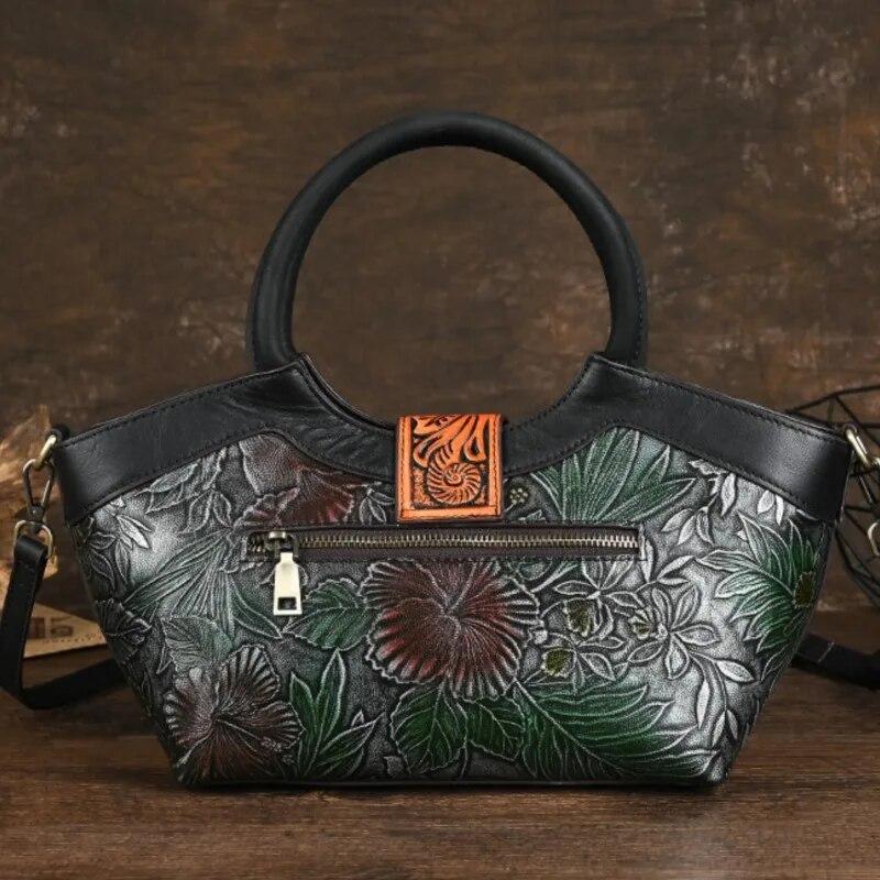 Johnature Genuine Leather Embossed Handbag Handmade Women's Bag Large Capacity Shoulder Crossbody Bag