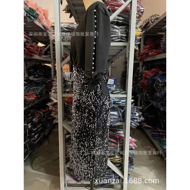 Women Sequined Beaded V Neck Bodycon Midi Dress European American Street Style