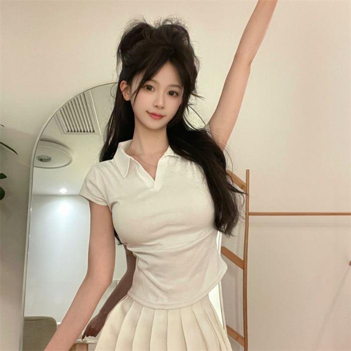 Summer Sexy Spice Slim Skinny Short Polo Neck Short Sleeve Fashion Personality Versatile Solid Color Top T-Shirt Ins