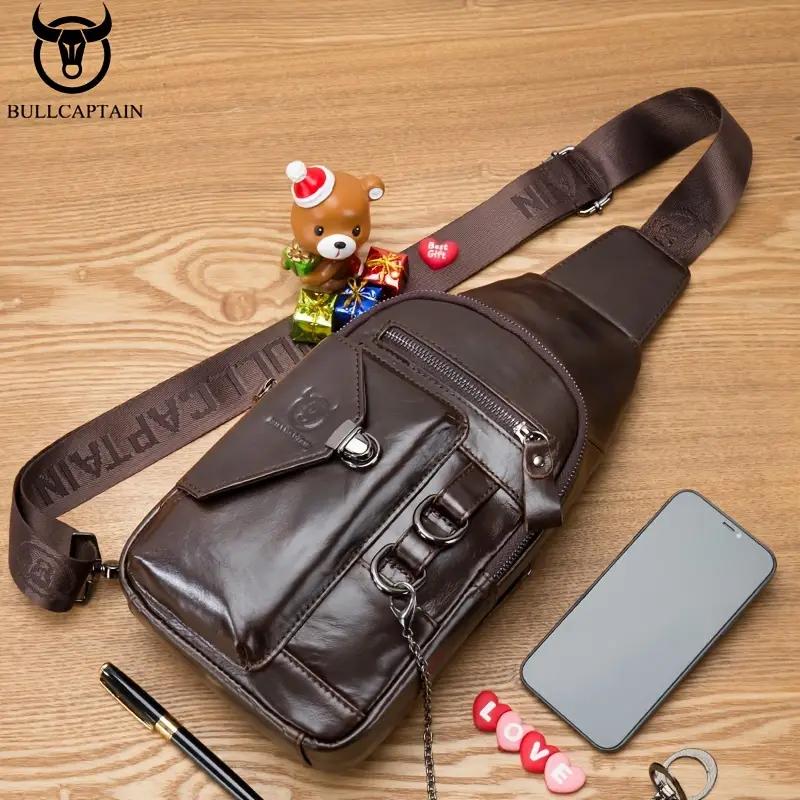 BULLCAPTAIN Brusttasche aus echtem Leder, große Kapazität, lässige Umhängetasche, modische multifunktionale Messenger-Tasche, Handytasche
