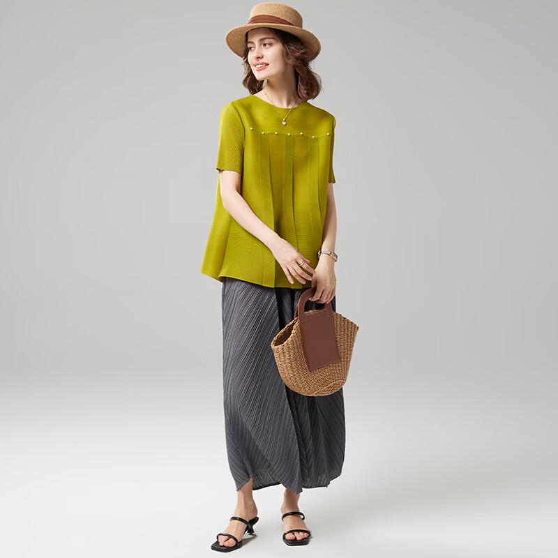 Wudao Light Luxury Pleated Beaded Round Neck Short Sleeve T-Shirt One Size