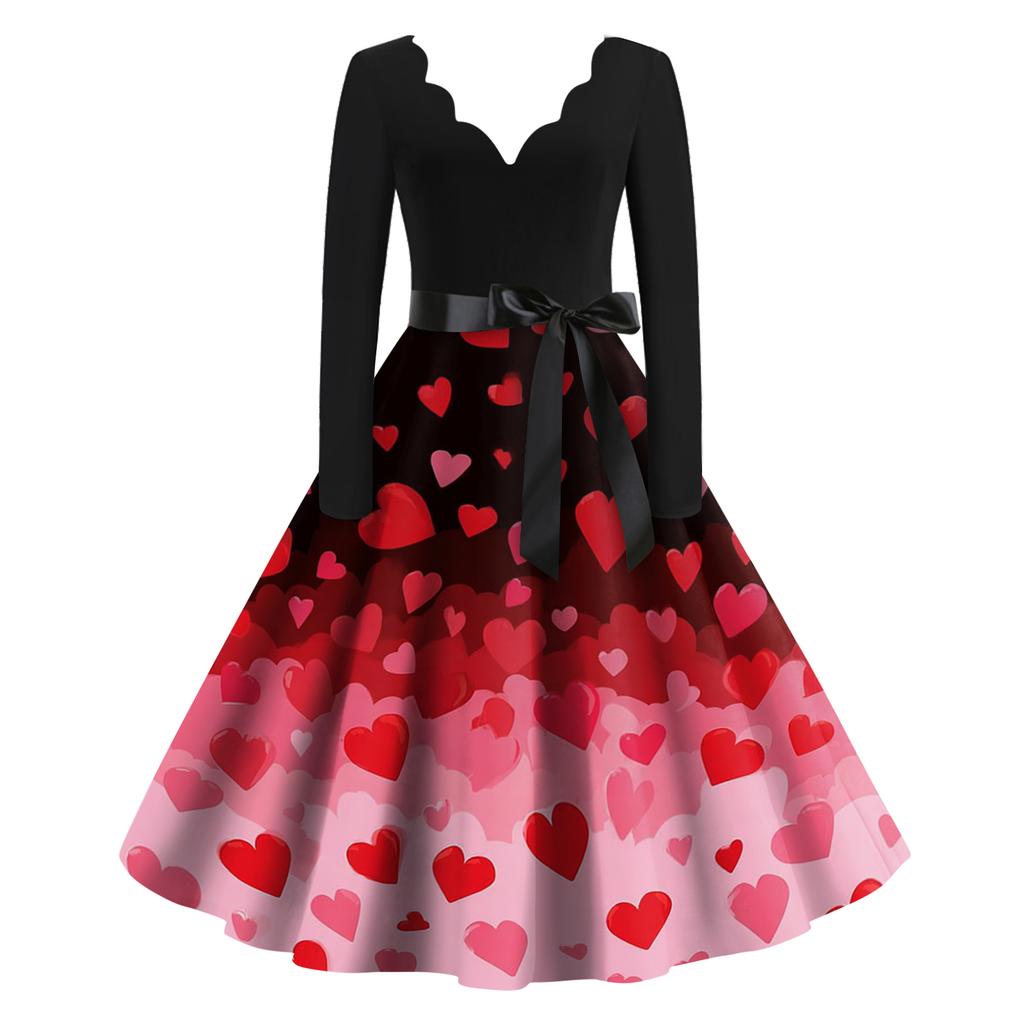 Damen Casual Mode Valentinstag Bedrucktes V-Ausschnitt Retro Langarmkleid
