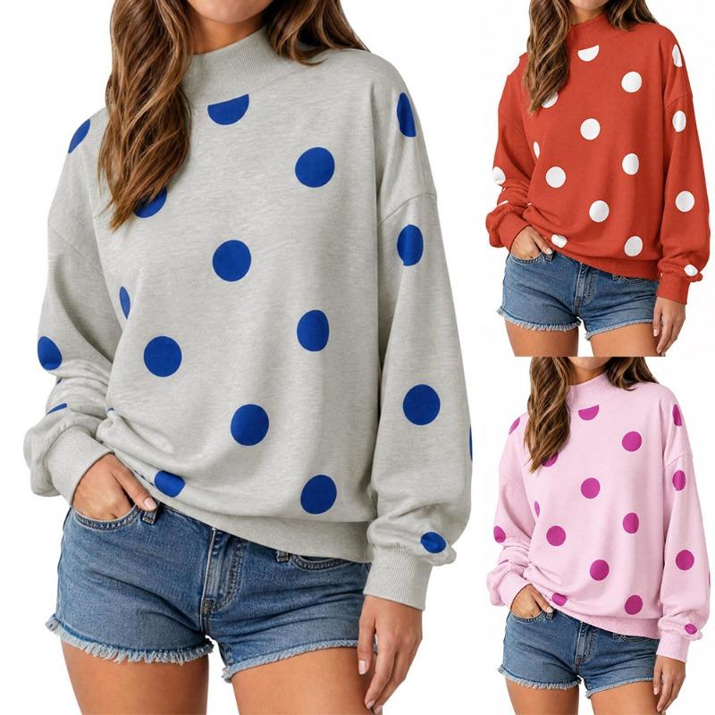Women S Loose Half High Neck Long Sleeve Polka Dot Pullover Sweatshirt