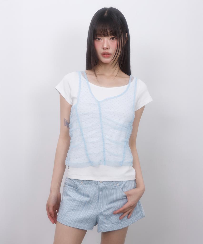LMR Two-Way Lace Shirred Layered Short Sleeve T-Shirt Ivory / Sky Blue