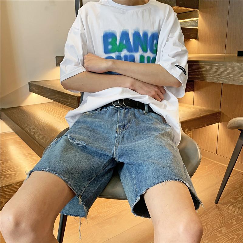 JYL Men's Denim Shorts Summer Raw Edge Ripped Korean Trendy Loose Straight Denim Pants