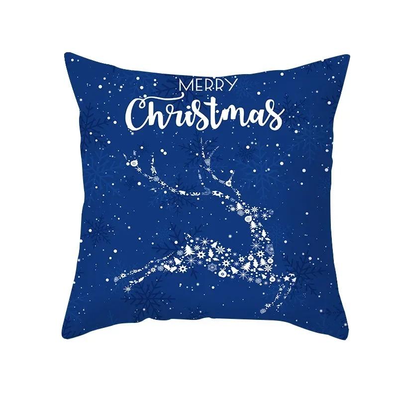 Blue Christmas Cushion Cover Christmas Elk Snowflake Print Pillowcase Sofa Ornaments Bedroom Home Decor New Year Gift