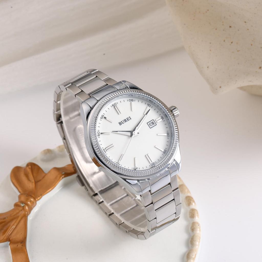 BUREI Analog Quartz Simple Date Stainless Popular Day Luxury Watch Men's Watch, Design, Display, Waterproof, Easy-to-Read Steel, Brand, Silver,