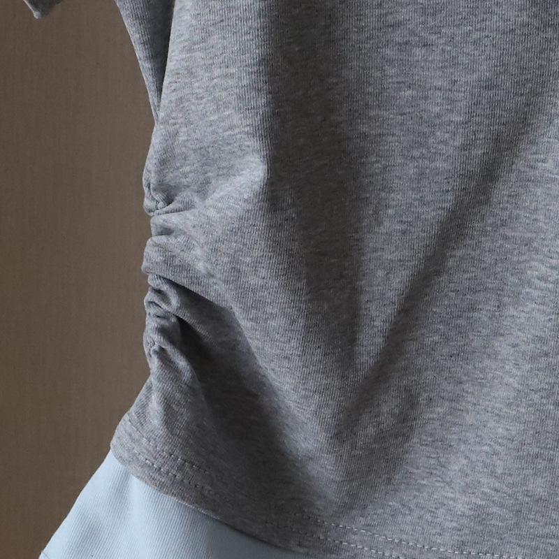 2025 Korean Style V-Neck Color Block Waist-Slimming Two-Piece Look Short-Sleeve T-Shirt