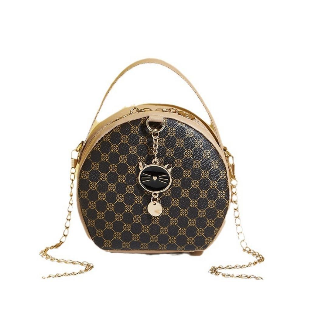 Ladies' Fashionable Black Round Shoulder Bag with Gold Accents and Decorations - A Compact Synthetic Leather Mobile Wallet Suitable for Daily Use