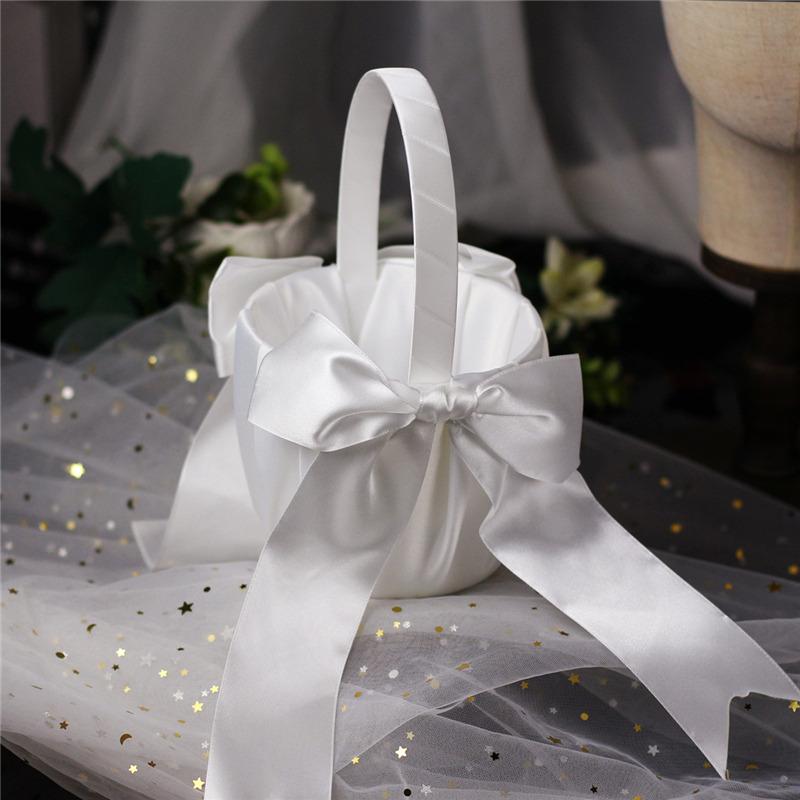 20 Cm White Flower Girls Basket Silk Wedding Basket for Flower Bride/Kids Hand Held Wedding Ceremony Party Decorations
