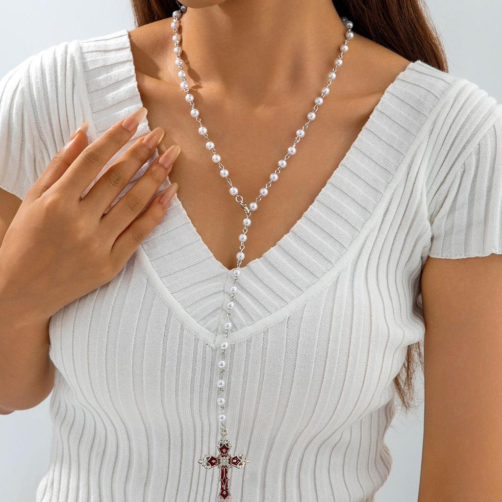 Élégant collier perle imitation femme, croix strass colorés multicouche avec collier en forme de Y