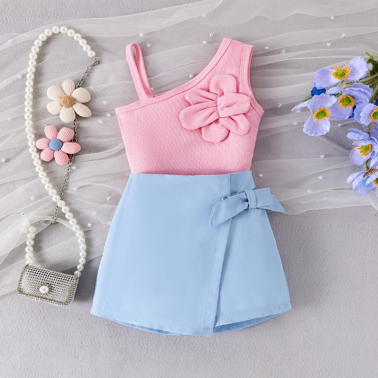 

Модный комплект для девочек 2025 года, летний детский комплект из двух частей: брюки, юбка, косая бретелька через шею, косая линия спины по центру 12-18M розовый