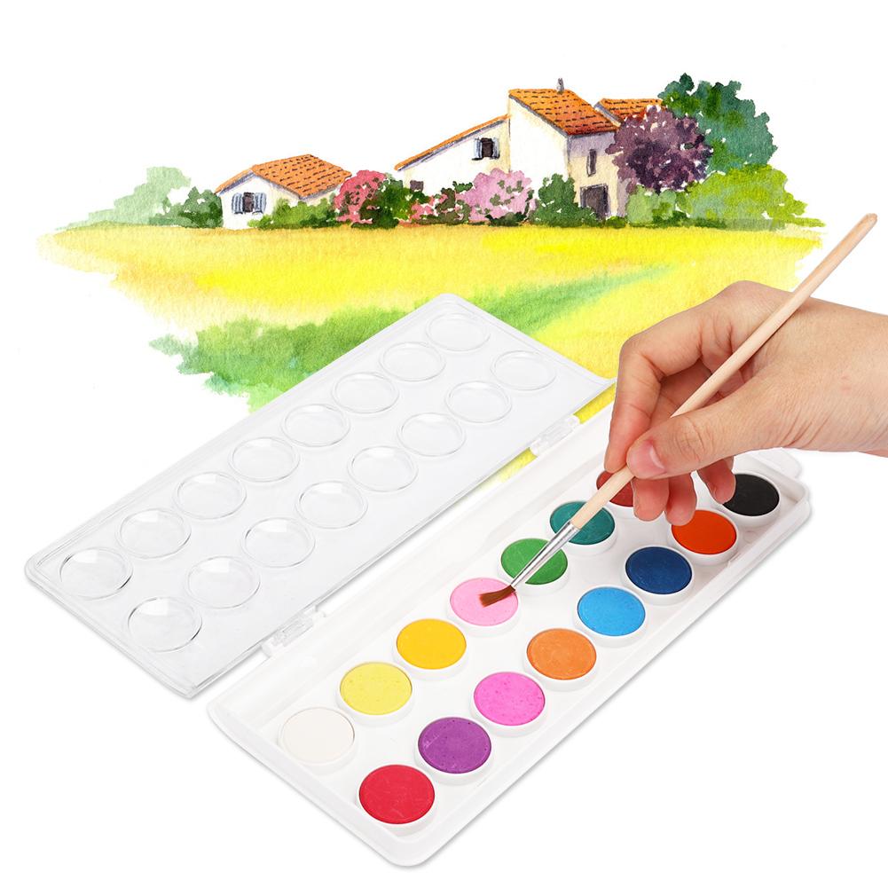 2 Schachteln 16 Farben Feste Aquarellfarbe Kompaktes Pigment mit Pinsel zum Üben Zeichnen Kunstbedarf